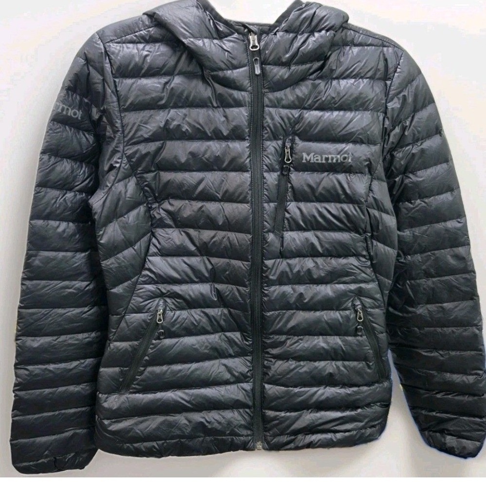 Marmot Womens Black Hooded Down Puffer Jacket Quilted Insulated Coat Medium